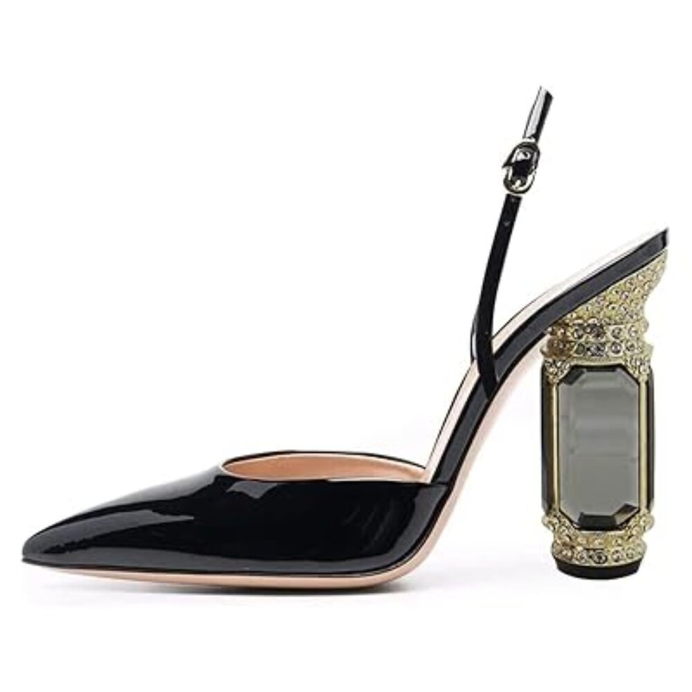 FSJ Black Patent Slingback Pumps with Gem-Embellished Gold Block Heel